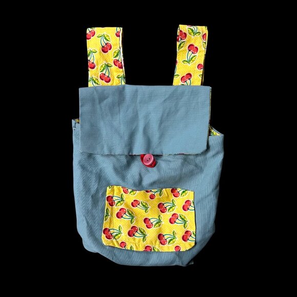 Handmade Small Backpack Purse Blue Yellow Red Cherry Kitsch Whimsical Adjustable - Picture 2 of 9